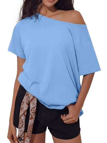 REORIA Women's Off The Shoulder Oversized T Shirts Short Sleeve 2026 Summer Basic Tees for Going Out Loose Fit Casual Daily Wear Light Blue X-Large - Image 1