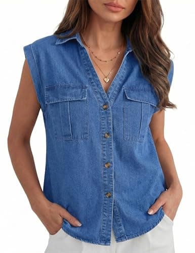 POTILI Women's Sleeveless Denim Shirts, Button Down V Neck Jean Cap Blouse Top Trendy Casual Blue - Image 1
