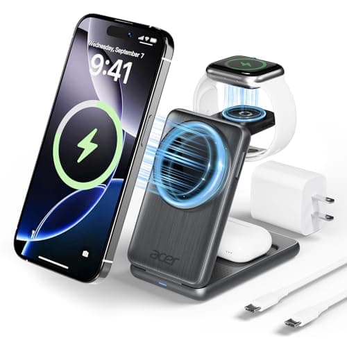 Acer 3 in 1 Charging Station for Apple Device, Magnetic Palm-Sized Foldable Fast Charger Stand Compatible with MagSafe for iPhone 17, Apple Watch & AirPods, Foldable Charging Dock for Desk S3 - Image 1