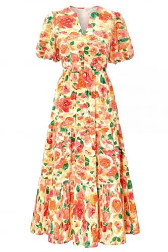 dowerme Womens Summer Dresses 2026 Casual Puff Short Sleeve V Neck Floral Boho Tiered Ruffle Maxi Dress with Pockets(Multicolored Flower,XX-Large) - Image 1