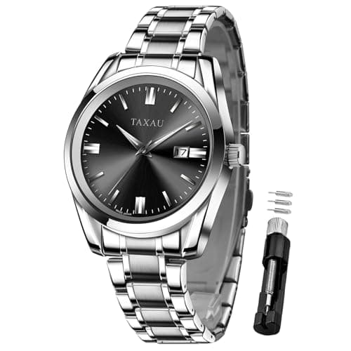 Taxau Mens Silver Watch Dress Watches for Men Black Face Mens Watch with Date Luxury Analog Quartz Stainless Steel Waterproof Man Watch Classic Elegant Simple Relojes para Hombres - Image 1