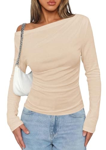 PRETTYGARDEN Off The Shoulder Tops for Women Going Out Long Sleeve Shirts 2026 Fall Casual Fitted Ribbed Ruched Y2K Clothes (Beige,Medium) - Image 1