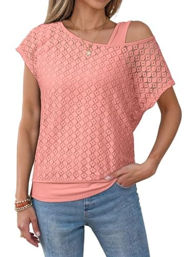 Dokotoo Womens Crochet Shirts Summer Tops for Women 2026 Fashion Trendy Crewneck Short Sleeve Shirts Ladies Tops and Blouses Casual Beach Vacation Clothes Two Piece Set Cute Coverup Pink - Image 1