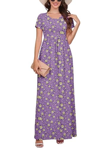 DEARCASE Women Floral Maxi Dress Purple Yellow Chrysanthemum Small Round Neck Boho Short Sleeve Sundresses A-line Casual Hawaiian Flowy Spring Summer Vacation Beach Long Dresses with Pockets - Image 1