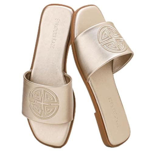 Stratuxx Kaze Womens Flat Sandals Dressy Summer Slide with Memory Foam Comfortable Cute Leather Gold Sandals for Women - Image 1