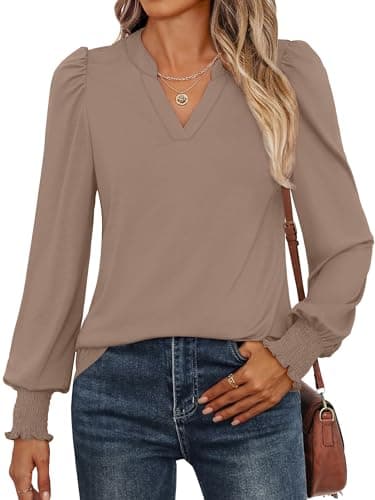 ANRABESS Women's Puff Long Sleeve Shirts V Neck Loose T-Shirts Dressy Casual Work Blouses 2026 Fall Tops Trendy Clothes Khaki L - Image 1