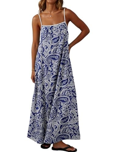 Lepunuo Summer Dresses for Women Flowy Sundress Contrast Spaghetti Strap Sleeveless Backless Beach Maxi Long Dresses - Image 1