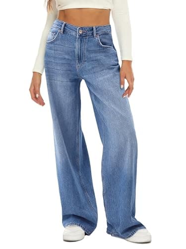 HDLTE Women's High Waist Baggy Boyfriend Jeans - Wide Leg Loose Denim Pants with Pockets(Blue,Small) - Image 1