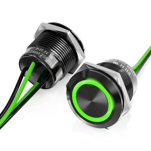FILN 2PCS 22mm Latching Push Button Switch,20A on Off Switch 12v-24v IP67 Waterproof Marine Switches for Car, Boat, Motorcycle, DIY Enthusiasts(Green, Black Shell)