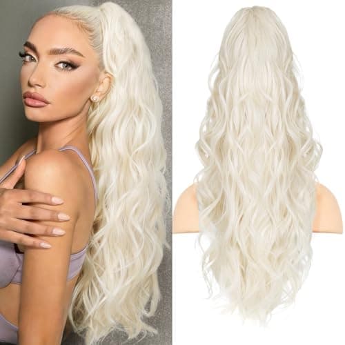 LRSICAL Ponytail Extension, 26 Inch Claw Clip Ponytail Extension Long Wave Ponytail Extensions for Women Fluffy Natural Synthetic Hairpiece for Daily Use(Color:Platinum Blonde)
