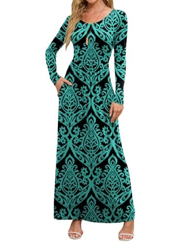 DEARCASE Maxi Dress for Women Floral Blue Green X-Large Round Neck Boho Long Sleeves Teacher A-line Casual Hawaiian Empire Waist Flowy Party Vintage Spring Fall Winter Floor Dresses with Pocket - Image 1