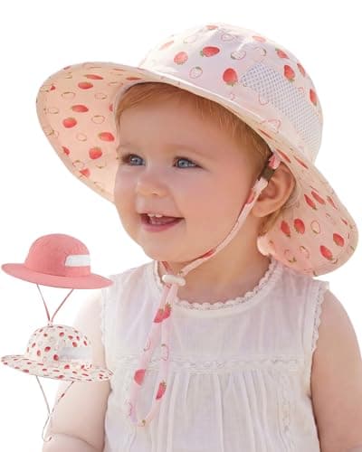 Sun Hat for Baby Boys Girls Toddler and Kids UPF 50+ with Bucket Wide Brim Summer (US, Age, 0 Months, 6 Months, Orange Pink + Beige) - Image 1