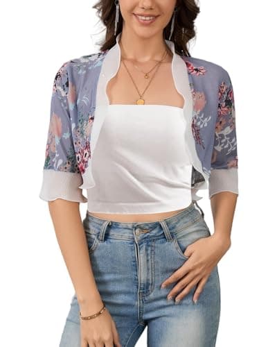 Molirex Women Shrugs for Dresses Short Sleeve Cropped Cardigan Open Front Cover Ups Chiffon Bolero Sweater Floral Grey L - Image 1