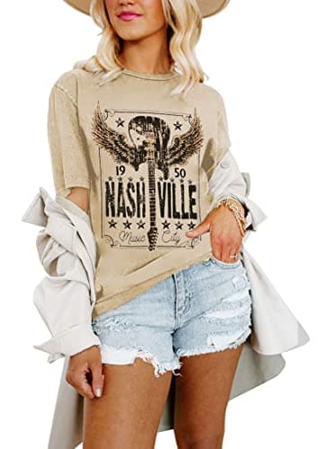 Womens Nashville Shirts Country Music Concert Tshirts Vintage Graphic Short Sleeve Tees for Women Beige XL - Image 1