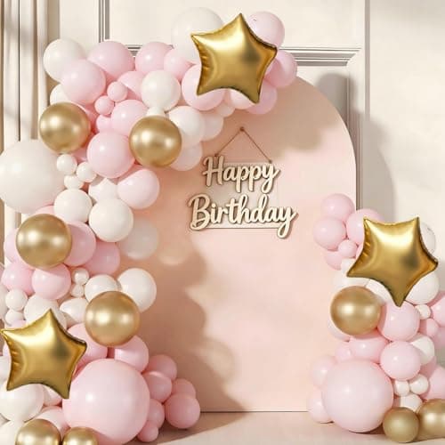 Pink White Gold Balloon Arch Garland Kit 143Pcs Pink White Metallic Gold Latex Balloons with Star Foil Balloons for Wedding Bridal Shower Birthday Party Decorations - Image 1