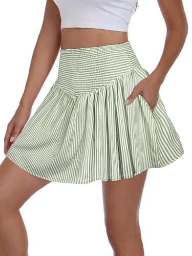 Vigorics Women’s High Waisted Smocked Mini Skirt Casual A-Line Skort Built-in Shorts for Summer Vacation Picnic Outdoor Olive Green Stripes L - Image 1