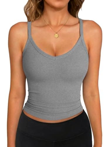 GKBK Spaghetti Strap Tank Top for Women V-Neck Ribbed Camisole Slim Fitted Soft Basic Cami 2026 Summer Layering Shirts Gray - Image 1