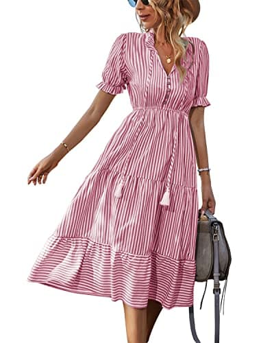 Sexyasasii Women's Summer 2023 Short Sleeve Dresses Empire Waist V Neck Striped Print Tiered Ruffle Hem Midi Dress(RedStripe,M) - Image 1