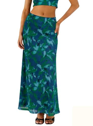 BLENCOT Womens Long Skirt High Waisted A Line Flowy Maxi Skirt Boho Printed Mesh Skirts for Beach Vacation Fashion 2026 Green Medium - Image 1