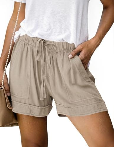 NILOINE Ladies Plus Size Drawstring Shorts Elastic Waist Summer Cotton Shorts Loose Fit Mid Waist Shorts Pants with Pocket(Khaki,X-Large) - Image 1