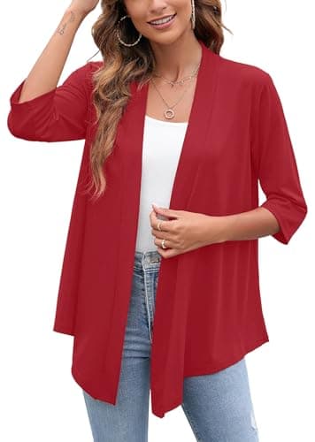 Heymoments Cardigan for Women Burgundy Small Draped Open-Front 3/4 Sleeve Lightweight Casual Soft Drape Summer Fall Kimonos Cardigans - Image 1