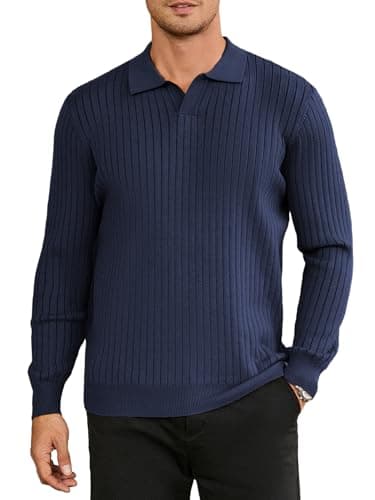 Hardaddy Men's Ribbed Knit Sweater Casual Long Sleeve Polo Sweater Collared V Neck Polo Shirts Solid Pullover Tops Blue S - Image 1