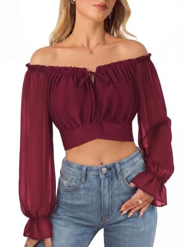 Women Off the Shoulder Crop Tops Long Sleeve Shirt Blouse Red XL - Image 1