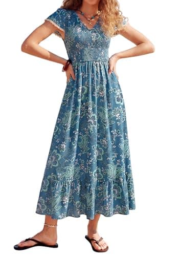 Long Flowy Dresses for Women Summer Vacation, Casual V Neck Short Sleeve Floral Dress, Smocked Beachy Sun Dresses with Pocket - Image 1
