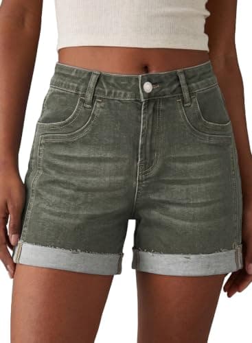 Sidefeel Womens Jean Shorts Causal High Waisted Stretchy Patchwork Folded Hem Loose Fit Summer Trendy Denim Shorts Green Size 8 - Image 1