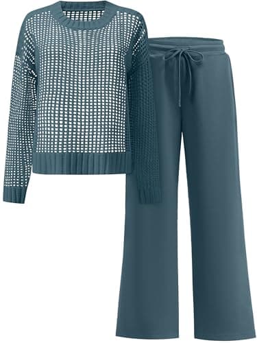 ANRABESS Womens 2 Piece Outfits Crochet Sheer Knit Sweater Top Wide Leg Pants Lounge Set Sweatsuit 2026 Spring Travel Clothes Dark Teal Small - Image 1