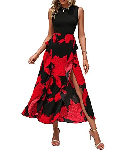 BTFBM Summer Dresses for Women 2026 Casual Spring Floral Sleeveless Ruffle Boho Cocktail Wedding Guest Party Midi Dress(Big Floral Red, Large) - Image 1