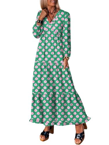 ANRABESS Womens Long Sleeve Boho Maxi Dress 2026 Fall V Neck Floral Striped Casual Loose Fit Beach Vacation Dresses Green Medium - Image 1
