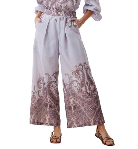Women's 2026 Casual High Waist Button Wide Leg Loose Flowy Purple Palazzo Print Lightweight Boho Vintage Ethnic Paisley Dress Pants with Pockets Bohemian Trousers for Summer Beach Vocation - Image 1