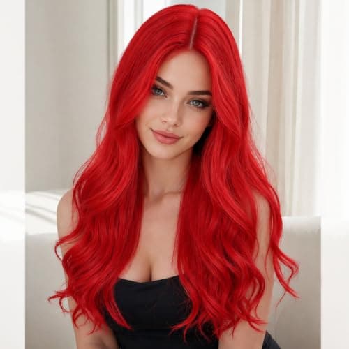 Barbique Red Synthetic Wig for Women, 24 Inch Long Wavy Synthetic Lace Front Wig, Middle Part Natural Looking Glueless Wigs Heat Resistant Hair