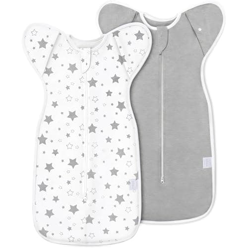 ANYEDDE 2-Pack Baby Swaddle - Arms Up Swaddles with Removable Cuffs & 2-Way Zipper, Gray Stars Design, Breathable Cotton Sleep Bag (6-9 Month) - Image 1