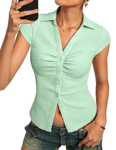 Womens Button Down Shirts, Ruched Summer Tops with Y2K Collar, Slim Fit Short Sleeve Dressy Casual Blouses(Mint Green, XXL) - Image 1