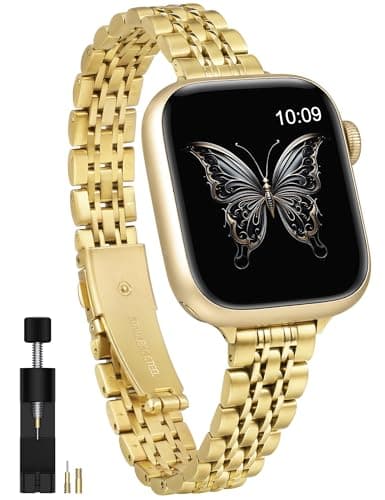Moolia Slim Metal Band Compatible with Apple Watch Band 46/45/44/42/49mm Elegant Luxury Women Replacement Bracelet for iWatch Series 11 10 9 8 7 6 5 4 3 2 1 SE/Ultra(1/2/3), Gold - Image 1
