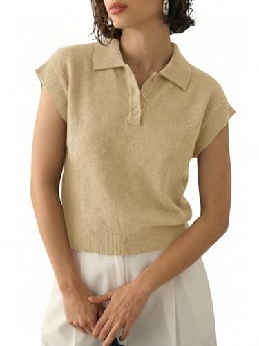 Saodimallsu Womens Cap Short Sleeve Sweater Top Summer Polo Shirts Button Collared Knit Business Casual Pullover Sweater Apricot - Image 1
