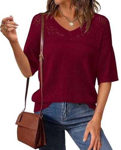 PRETTYGARDEN Women's Short Sleeve Sweater Tops 2026 Spring Summer Casual V Neck Ribbed Knit Trendy Eyelet Blouse T Shirts (Wine Red,Medium) - Image 1