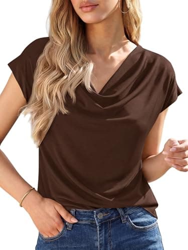 BTFBM Cowl Neck Tops for Women 2026 Summer Womens Tops Dressy Casual Business Blouses Short Sleeve Shirts Spring Outfits(Brown, Small) - Image 1