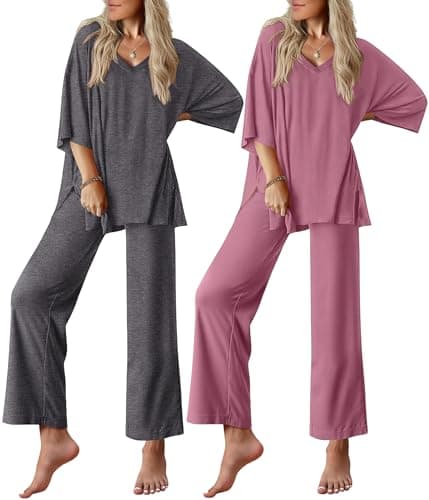 Ekouaer 2 Packs Lounge Sets for Women Short Sleeve Pajamas Set V Neck Top and Long Pants Comfy Pjs Outifts with Pockets - Image 1