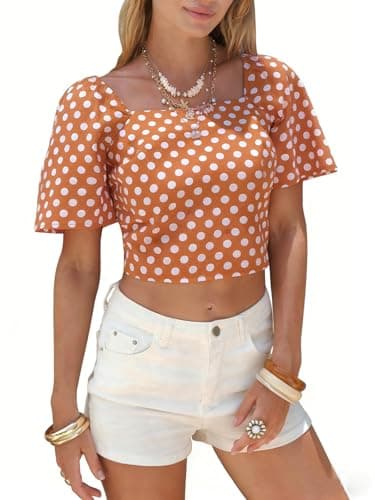 EXLURA Women's 100% Cotton Polka Dot Crop Top Square Neck Open Back Tie Knot Summer Vacation Beach Blouse Cute Ruffle Shirts Caramel - Image 1