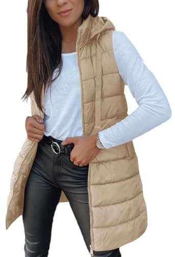 Veatzaer Women Long Vest Solid Color Sleeveless Hood Winter Puffer Vest Outwear - Image 1