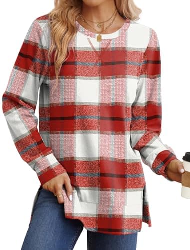 Saloogoe Fall Outfits for Women 2026 Fashion Winter Clothing Crewneck Sweatshirt Old Money Clothes Plaid Shirts Brown L - Image 1
