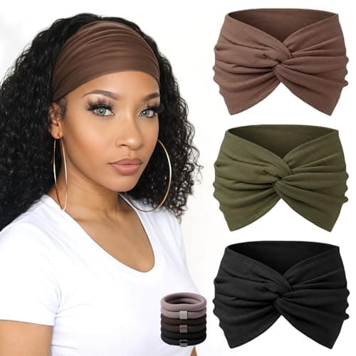 WENNKINN 7-Inch Wide Headbands for Women – 3 Pack Soft Thick Turban Hair Bands, Bandana-Style Head Wraps for Workout Yoga Sleep, Fashion Accessories with 6 Pcs Hair Ties - Green, Deep Coffee, Black