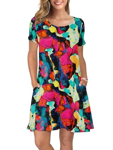 KORSIS Summer Dress for Women Multicolor M Casual T-Shirt Short Sleeve Dresses Swing Flowy Beach Vacation Sundress with Pockets - Image 1