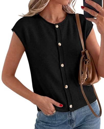 PRETTYGARDEN Sweater Vest Women 2026 Summer Spring Cap Short Sleeve Cardigan Lightweight Button Down Trendy Loose Tops (Black,Medium) - Image 1