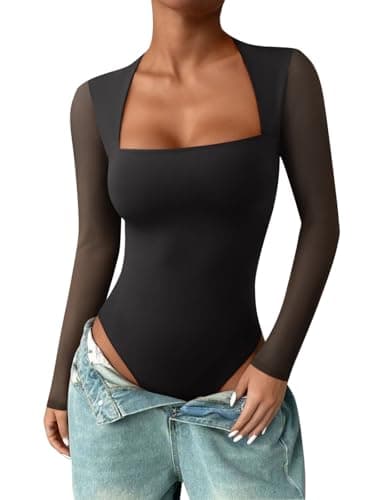 PINKMSTYLE Womens Square Neck Mesh Long Sleeve Bodysuit Going Out Tops Date Night Outfit Black X-Large - Image 1