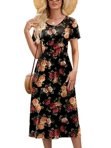 Heymoments Women's Dresses Midnight Rose XX-Large Wedding Guest A line Crewneck Short Sleeves Casual Flowy Swing Cocktail Slimming Birthday Party Summer Travel Long Midi Dresses - Image 1