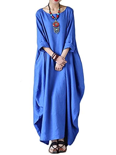 Celmia Women's 3/4 Sleeve Round Neck Solid Loose Long Maxi Dress Cotton Gown with Side Pockets Blue XL - Image 1
